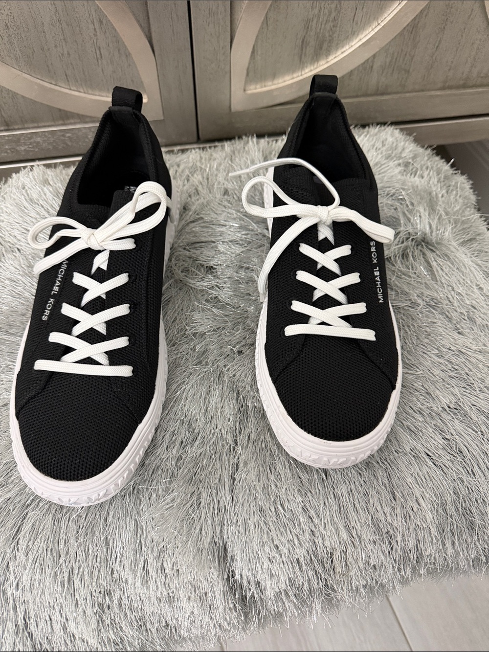 Michael Kors Black Knit Sneakers with White Laces and Sole